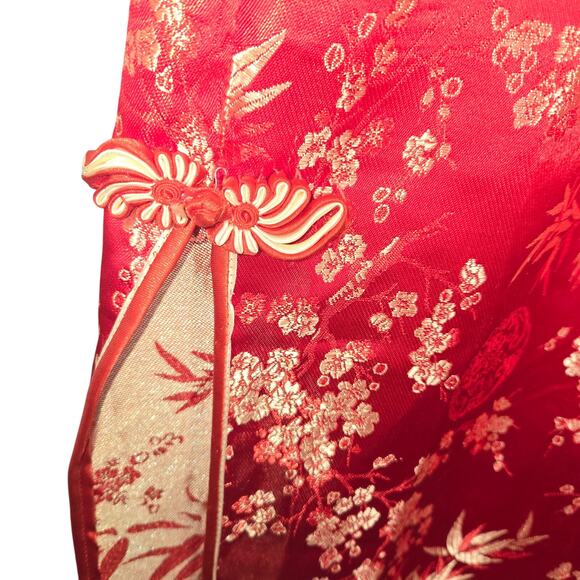 Red Floral Brocade Cheongsam Qipao Dress XL Chinese Traditional Satin Side Slits - Picture 5 of 13
